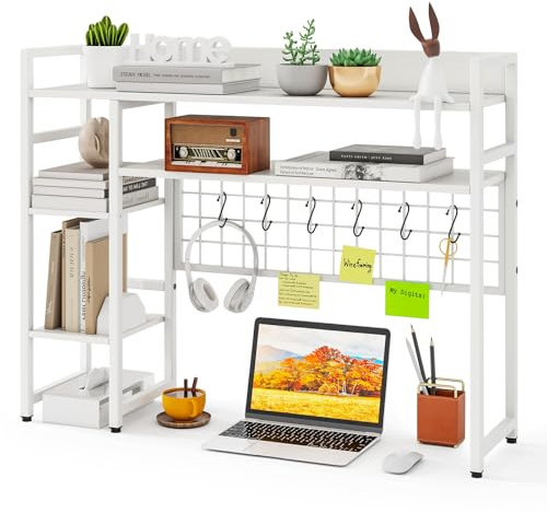 COSTWAY Estantería de Escritorio Sobremaesa, 4 Niveles y Compartimento Abierto Trasero, 6 Ganchos, Organizador de Almacenamiento de Escritorio de Madera, 94 x 25 x 73,5 cm (Blanco)
