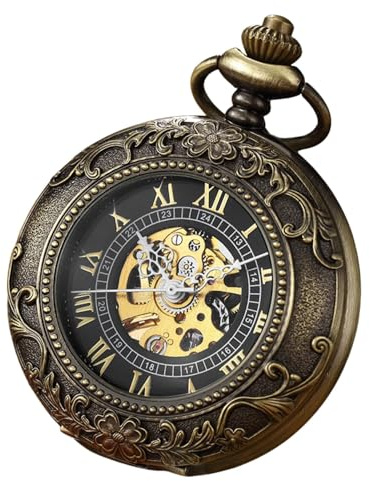 TruClothing Mechanical Skeleton Half Hunter Vintage Pocket Watch with Chain