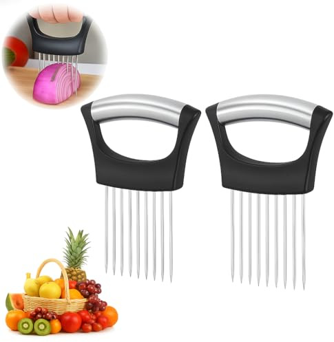 2pcs Stainless Steel Onion Holder, Onion Holder for Slicing, Stainless Steel Slicer Onion Cutter for Slicing, Vegetable and Meat Slicing Guide, Kitchen Cutting Aid for Onions, Tomatoes, Potatoes