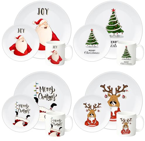 LOYIM 12 Piece Christmas Melamine Dinnerware Set for 4 Guest, 10 Dinner Plates, 8 Salad Plates, 9 oz Mug Shatterproof Xmas Dishes Gift for Home Party Festive Holiday Celebrations