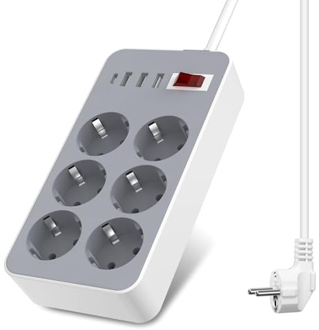 Multiprise avec Interrupteur, 10 Prises Françaises avec 5V/2A,Bloc Prise Multiple Charge Rapide PD12W, 1050J Parafoudre et Surtension,Cuisine et Bureau Rallonge Electrique 1.8 M Câble