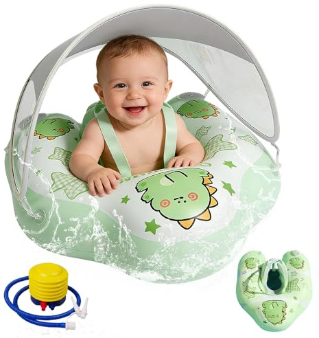 FENYW Bouee Bebe avec Pare Soleil UPF 50+, Bouee Piscine Bebe avec Bretelles Et Pompe À Air, Bouée Bébé Piscine, Bouée De Natation pour Bébé pour Tout-Petits pour 6 À 36 Mois(L)