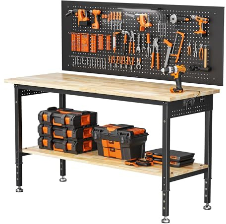 152x55 cm Heavy Duty Work Bench with Pegboard for Workshop, Garage, Offic | 2000 LBS Load Capacity, Rubberwood Work Table, 6 Adjustable Heights with Storage Shelf, 2 in 1 Workbench