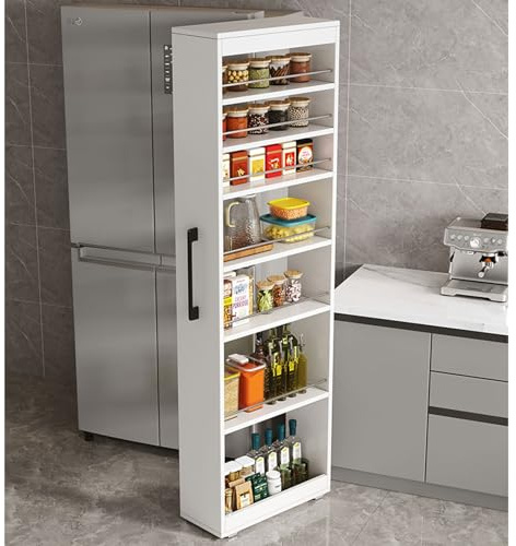 LYGXWJFC Schlankes rollendes Rage-Rack für die Küche, 3-stöckig, mobil auf Rollen, Holz-Hilfsmittel neben dem Kühlschrank, platzsparend, Weiß, B 15 x T 55 x H 185 cm