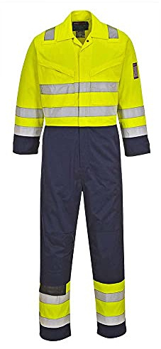 Portwest MV28 Modaflame Overall Elastische Rückenfalte Dreifache Kappnähte | Gelb/Marine, L, EN ISO 20471 Klasse 3, EN ISO 11612, Baumwolle, Reflektierend, Antistatisch, Knieschonertaschen, Warnschutz