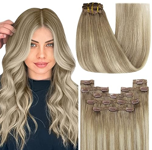 YoungSee Echthaar Extensions Clip Ombre 40 cm Clip in Extensions Echthaar Hellbraun mit Blond Echthaar Clip in Extensions Remy Haarextension Clips Extensions Echthaar Clip Glatt 120g #8A/60/8A