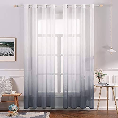 MIULEE Gardinen Transparent Vorhänge Farbverlauf Voile Sheer 2er Set Vorhang mit Ösen Dekoschal Fensterschal für Schlafzimmer und Wohnzimmer 260 cm x 140 cm(H x B) Weiß Grau