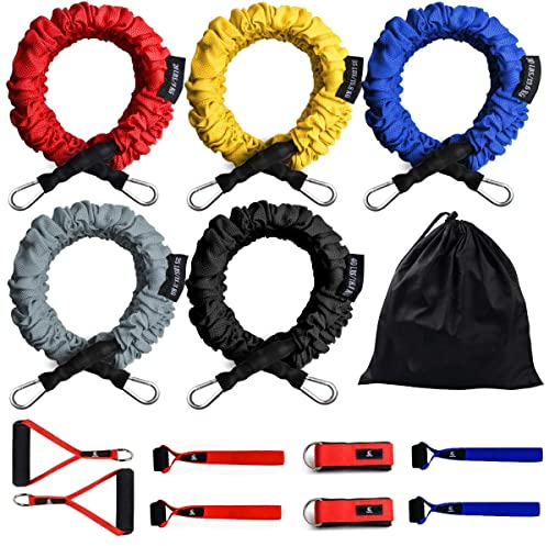 CoiTek Juego de bandas de resistencia, 14 tubos de resistencia para ejercicio, bandas de entrenamiento de 20 a 40 libras con mango de nailon para puerta, correa de tobillo de hasta 150 libras
