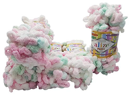 Alize Puffy Color 5 x 100 Gramm Strickwolle, 500 Gramm Fingerstrick - Wolle Mehrfarbig super Bulky, Schlaufenwolle, Stricken ohne Nadel (rosa Mint weiß 6052)