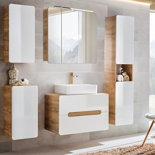 Lomadox Badmöbel Set mit 80 cm Waschtisch & LED-Spiegelschrank LUTON-56 Hochglanz weiß mit Wotan Eiche Nb., B/H/T ca. 180/200/46 cm