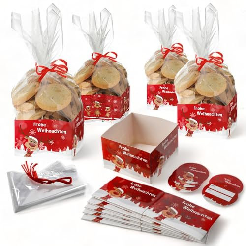 MIJOMA 24-teiliges Weihnachtsgebäck-Verpackungsset – Kekstüten, Plätzchentüten & Gebäcktüten mit Charmanten Pappschalen & Anhängern, Für Liebevolles Verschenken von Selbstgemachten Köstlichkeiten