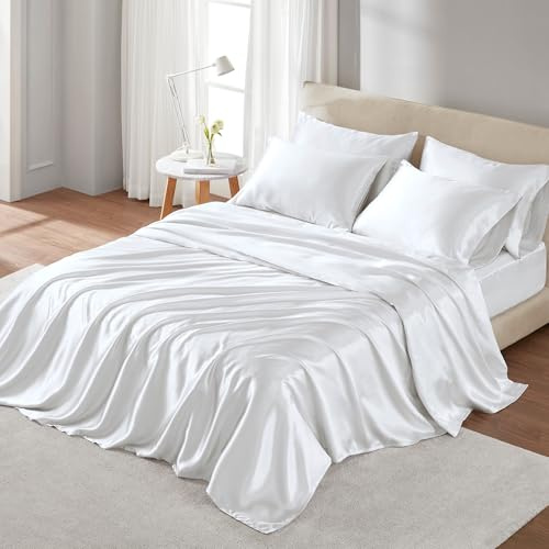 Madison Park Essentials Satin Sheets Cal King Size Bed Set, 6 Piece, White