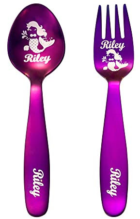 Personalización 2 juegos de vajilla de sirena infantil con diseño personalizado y nombre vajilla de acero inoxidable seguridad infantil - cuchara + tenedor