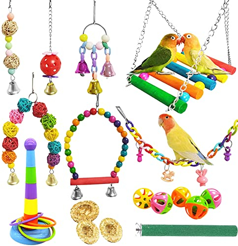 Allazone 17 Stück Vogelspielzeug für Vögel, Vogelspielzeug für Papageien, Kauspielzeug Vögel Spielzeug Holz Bell Hanging Spielzeug für Conures Nymphensittiche Liebesvögel Kleine Sittiche