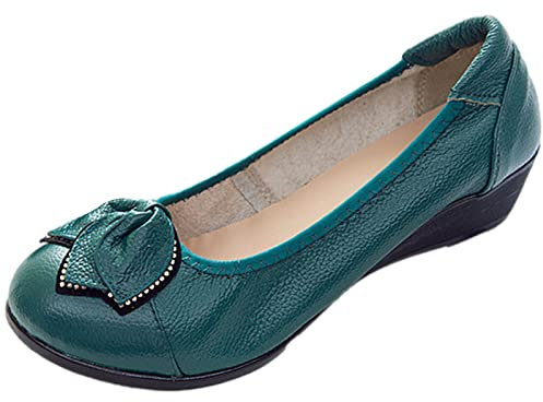 Jamron Mujer Piel Genuina Zapatos Cómodos Suela Blanda Flor Bailarinas Talón de Cuña Baja Pumps Pantuflas Verde SN070358 EU41