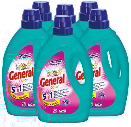 6x detersivo liquido General Color 5in1 per Lavatrice 44 Lavaggi - 6 Flaconi da 1,98L ognuno