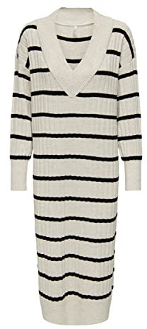 Bestseller A/S Onlnew Tessa L/S Midi V Robe KNT Noos, Pumice Stone/Stripes:Black, S Femme