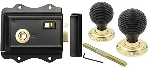 AB Hardware Old English Victorian Style Latch Lock Snib + Ebonised Beehive Rim Door Knob Set (Polished Brass)