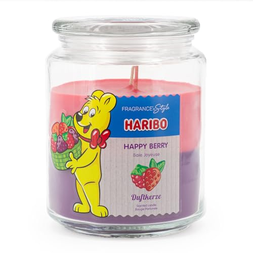 Haribo Duftkerze im Glas mit Deckel | Happy Berry | Duftkerze Fruchtig | Kerzen lange Brenndauer (100h) | 2 Schichten Kerze im Glas | Duftkerze Groß (510g)