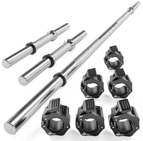 POUDI SPORT 1 Hantelstange 120cm + 2 Kurzhantelstangen 40 cm + 6 Schwarze Hantelverschlüsse | Ø 28mm | verchromter Stahl