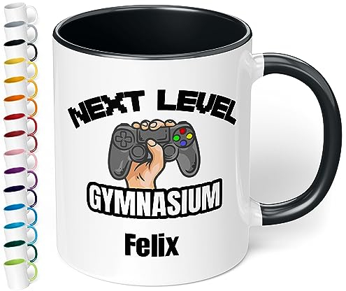 True Statements Geschenk Gymnasium für Jungen & Mädchen zum Schulwechsel 5. Klasse: Keramik-Tasse mit Namen „Next Level Gymnasium“ – Übertritt Grundschule Gymnasium Geschenk (Schwarz)