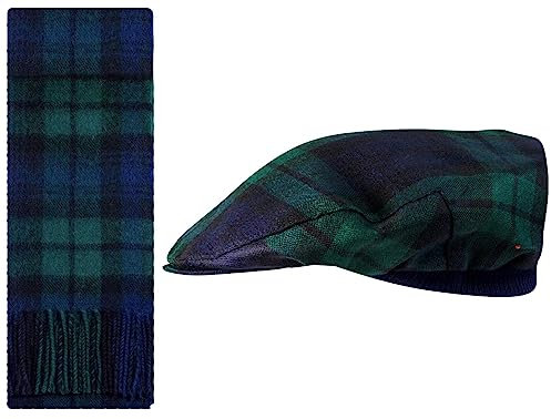 Schal und Schiebermütze aus Lammwolle Geschenkset Black Watch Modern Tartan Halstuch und Flatcap Barett für Herren und Damen Einheitsgröße Elastisches Band Komfort Fit Hergestellt in Schottland