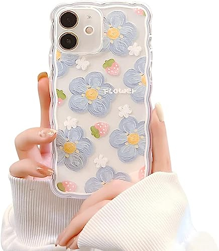 EYZUTAK Blume Handyhülle für iPhone 12,Transparent Hülle mit Blaue Blume Erdbeermuster,Gewellte Rahmen Weiche Handyhülle mit Süßes Blumen Ästhetik Design Silikon Case Dünne Stoßfest Schutzhülle-Blau