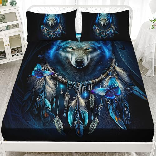 AILONEN Wolf Dream Catcher Bettwäsche-Set für Doppelbett, Spannbetttuch und 2 Kissenbezüge mit Schmetterlingswolf-Aufdruck