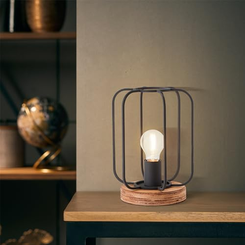 Lightbox rustikale Tischlampe - 27 cm Höhe - Vintage Tischleuchte mit Schalter & Gitter Schirm - E27, max. 40 W - aus Metall/Holz aus Schwarz-Pappel - in Antik Holz/Schwarz Korund
