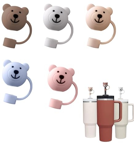 BAIYSFFG 5pcs Bear Straw Cover, Cute Straw Covers Cap Cartoon Soft Silicone Bear Straw Toppers Straw Tips Lids Protector Cover BPA Free Compatible with 10mm Stanley Straws 30 40 oz Tumbler Cup
