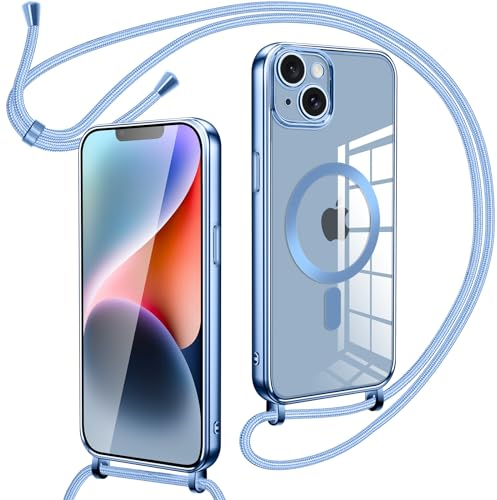 Oelrstfe Collier Coque avec Cordon pour iPhone 13, Transparent Réglable Étui Chain Chaine Housse de Souple Silicone Antichoc Etui Bandouliere Laniere pour iPhone 13 - Bleu