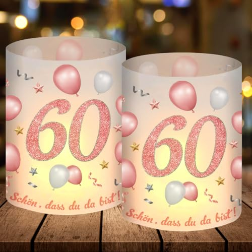 12 Windlicht Tischdeko 60 Geburtstag, Party Deko 60 Geburtstag Frau, Rosegold 60. Deko, Schön DASS Du Da Bist, Geeignet für Teelichter oder Kerzen, Happy Birthday Tischdeko