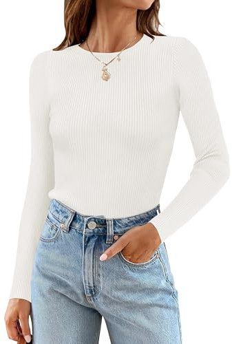 Cuptacc Damen Pullover Langarm 2024 Mode Tshirt Rundhals Gestreifte Herbst Tops Casual Oberteile Elegant Weiß, Mittel M 38-40