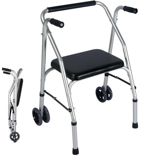 Andador Estándar, Andadores Livianos Plegables de Aluminio con Soporte Para Asiento de Hasta 300 Libras, Andador de Altura Ajustable y Pies con Férula Antideslizante Para Ayudar a La Estabilidad