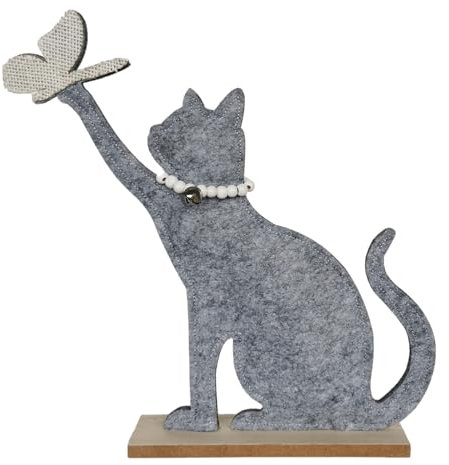Goldbach Deko Katze mit Schmetterling auf Holzsockel 29cm groß aus Filz Filzkatze Figur Katzenfigur Dekokatze zum Hinstellen
