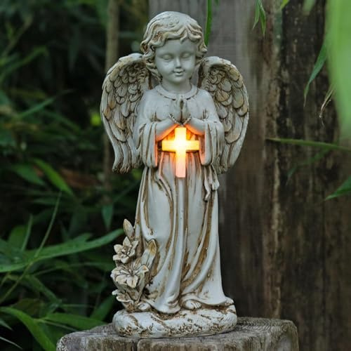 FIYSON Solar Engel Gartenfiguren, Betend Flügel Engelfigur, LED-Schutzengel-Figur Grabschmuck, Wetterfeste Solar Engel Grablichter für Rasen, Hof, Terrasse, Fensterbank, 31x9x14cm (Stil 2)