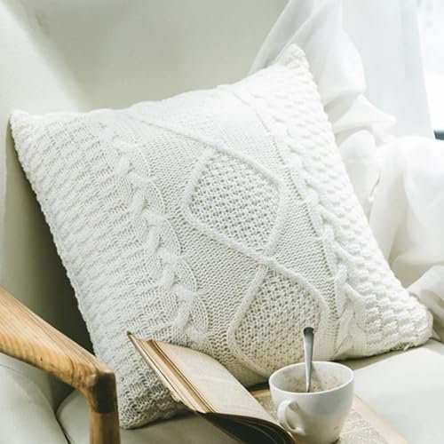 Cotton Cable Knit Pillow Covers,Cushion,Soft Decorative Double Side Knitted Throw Pillow Cover for Bed Car Couch Sweater Square Warm Pillowcase (White)
