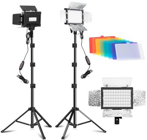 Jiang&Rong 2 Pack LED Video Lighting Kit - 5600K Adjustable USB Studio Light with Barndoor, 9 Colors, for Photography, Streaming, YouTube, TikTok, Film, Recording Studio, Camera Photo Light