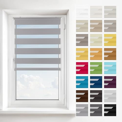 Estika Tenda a rullo doppia senza foratura - Grigio scuro - 30 cm x 150 cm - Tende a rullo per finestre, per interno, fissaggio a morsetto, a parete o a soffitto