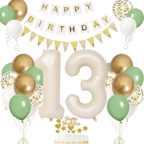 13. Geburtstag Deko Beige, Luftballon 13. Creme , Weiß Creme Folienballon 13 , Mädchen 13 jahre Luftballon deko Sandweiß , Zahl 13 Helium Luftballons Salbeigrün Weiß Ballons für Geburtstag Party Deko