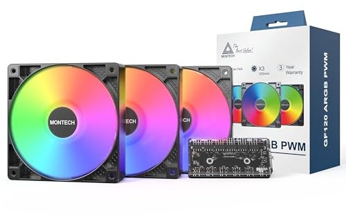 MONTECH GF120 ARGB PWM - Ventilador hidráulico de rodamiento 800-1600 RPM, bajo nivel de ruido 25.5 dBA, alto flujo de aire 66.3 CFM, 4 pines, paquete 3 en 1 con hub de ventilador de 6 x 6, 120 mm,