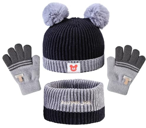 BSITSSS MüTze Mit Schal Kinder, Kinder Handschuhe 1-3 Jahre Schal Kinder Wintermütze Mädchen Jungen Babymütze 3 in 1 Kinder Wintermütze Schal Handschuhe Set, Strickmütze Warme Mütze Schal Set Kinder