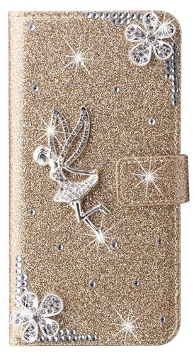 SLLMYYX Wallet Case for iPhone 7 Plus,Glod Glitter Bling Crystal Angel Diamond Pu Leather Phone Cover