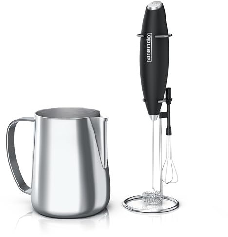 Arendo - Stab Milchaufschäumer elektrisch inkl. Edelstahl Milchkännchen - elektrischer Handmilchaufschäumer – Schneebesen und Dual-Quirl - Edelstahl Milchkännchen 600 ml – milk jug – BPA frei