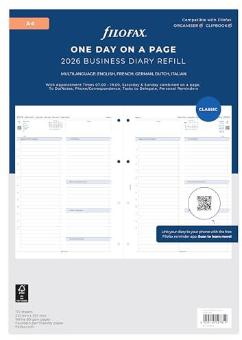 Filofax Terminplaner 26-68719, A4, Tag pro Seite, 5 Sprachen, 2026