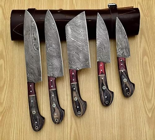 TATLA CRAFT Premium Custom Made Damascus Steel 5 pcs Professional Kitchen Chef Knife Set. 8-20 cm Blades Made of 67 Layers of Genuine Damascus Steel with 5 Pocket Case Chef Knife Roll Bag