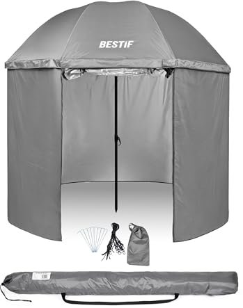 BESTIF Ombrellone da pesca con parete laterale e finestra – impermeabile, tenda pieghevole – tenda antivento per pescatori 205 cm, grigio., 205 cm