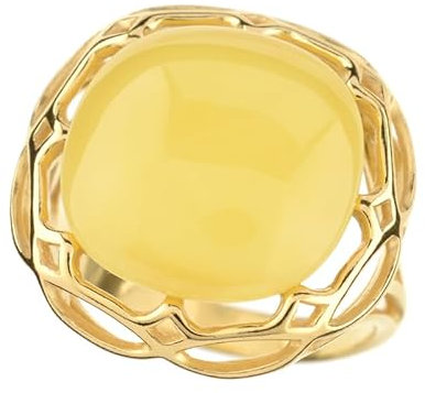 Cavill Sterlingsilber Ring mit baltischem 2,334 ct Milky Bernstein, antiker Kissen-Cabochon, goldplattiert, modernes organisches Design, polnischer Schmuck, gelb