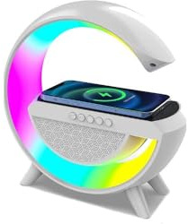 10ELED Lampada LED con Altoparlante Bluetooth, Caricatore Wireless 10W, 6 Modalità di Luce, 240x230x80mm, Bianco