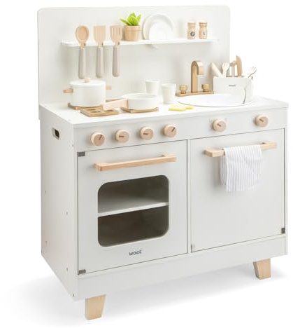 Woet® Cuisine Jouet en Bois Blanche avec Lave-Vaisselle & Accessoires | Cuisine d’Imitation en Bois, Lave-Vaisselle Jouet, Four, 23 Accessoires, Kitchenette pour Enfants, Jeu de Rôle, Dès 3 Ans